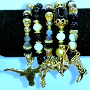5pc Black & Gold Multi Toned Beaded Charm Bracelet